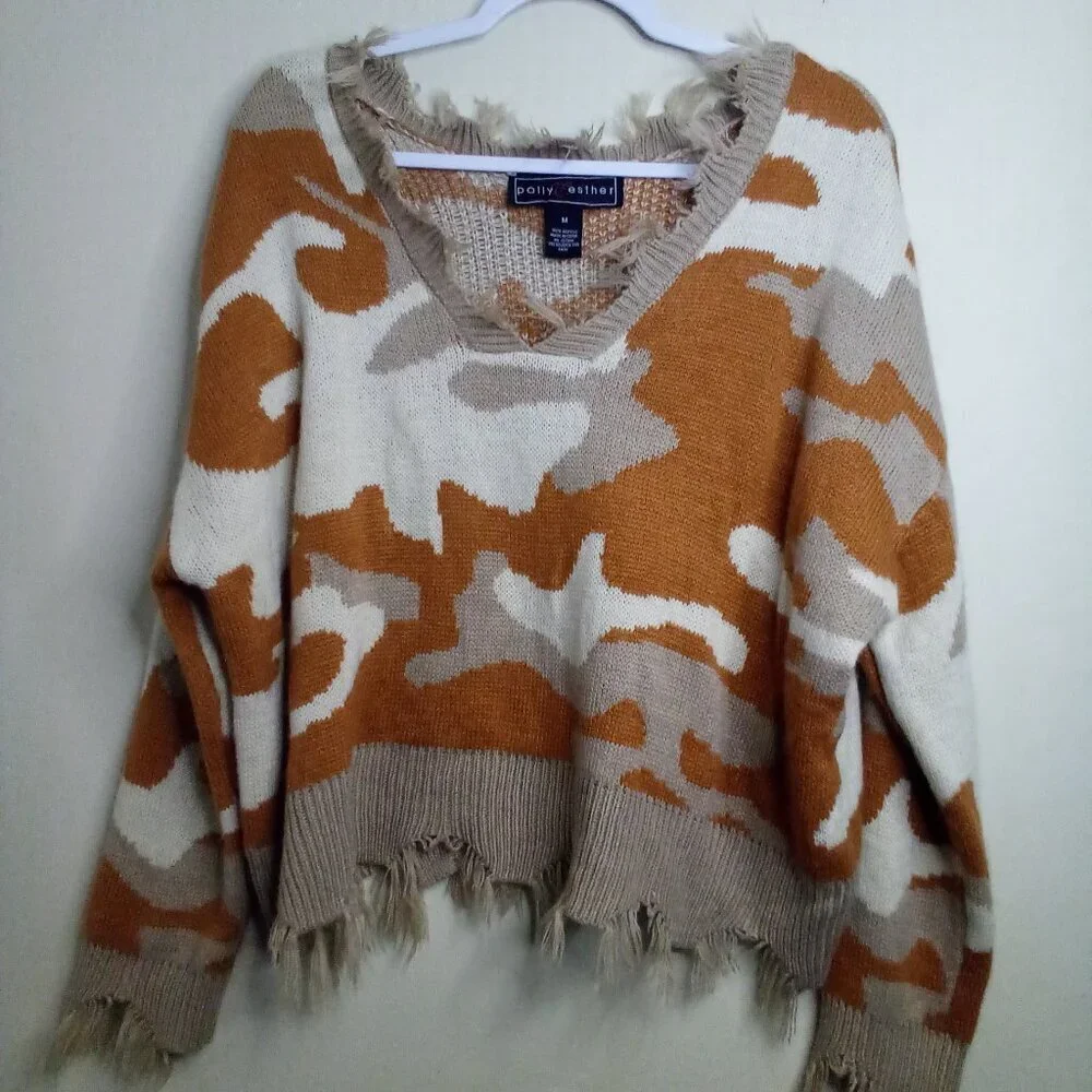Polly & Esther Sweater Women M Long Sleeve Distressed Fringe Orange Tan